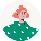 Illustriertes Porträt von Cindy Kater. Ihr rotes Haar trägt sie kinnlang und sie hat einen grünen Pulli mit weissen Punkten an.