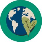 Illustration des Parameter 'Ausgebauter Klimaschutz'. Es ist ein Bild der Erde mit den Ozeanen in Blau und den Kontinenten in Beige. Rechts unten sind zwei grosse Pflanzenblätter dargestellt. Der Hintergrund ist Grün.